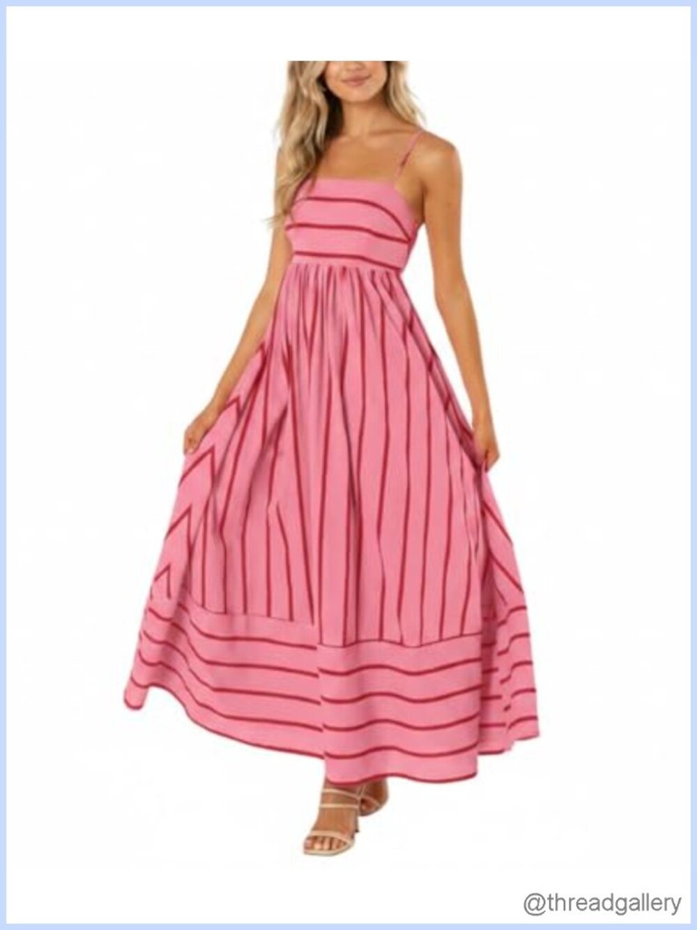 Women's Striped Smocked Maxi Dress Spaghetti Strap Cut Out Swing Long
